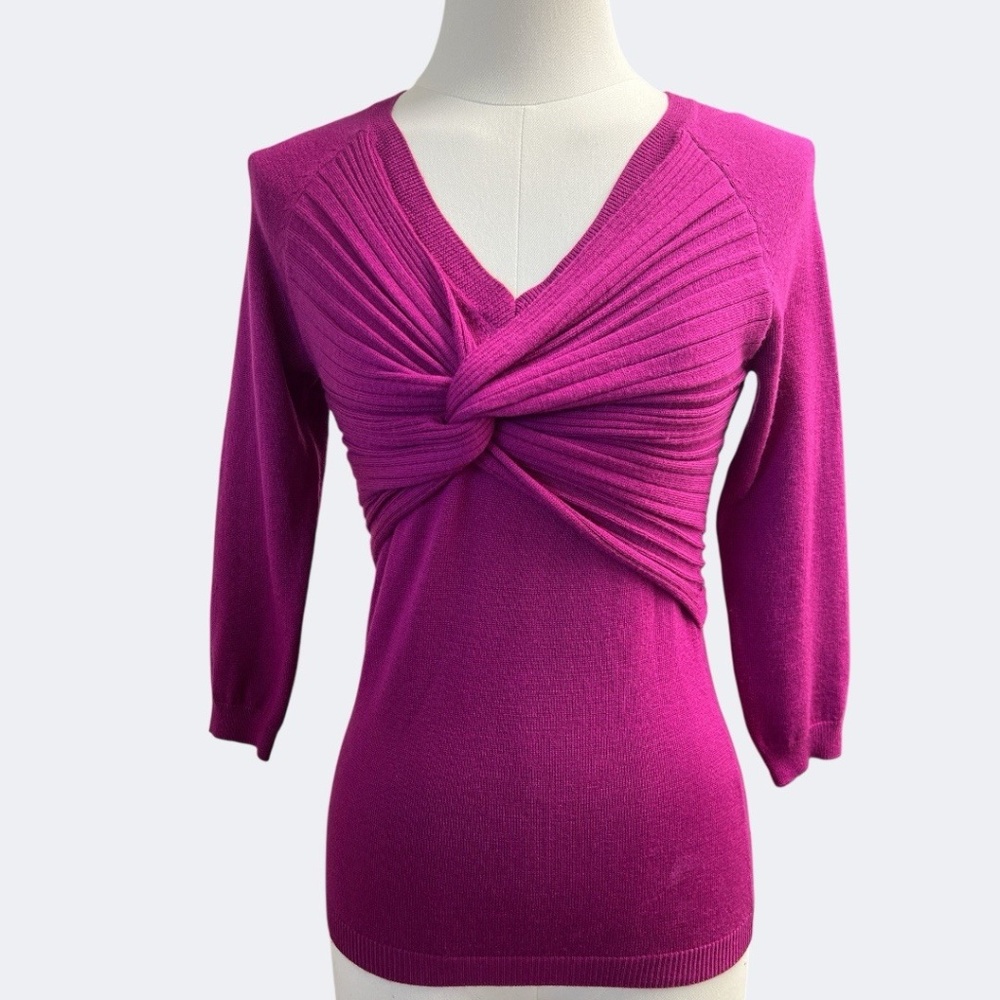 Trina Turk Top Magenta XXS All Merino Wool Sweater Knit Front Knot Twist‎ Detail